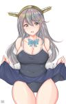  1girl absurdres alternate_costume artist_logo blue_swimsuit blush bow breasts brown_eyes cleavage collarbone collared_shirt competition_school_swimsuit competition_swimsuit covered_navel dress_shirt grey_hair hair_ornament hairband hairclip haruna_(kantai_collection) highres kantai_collection large_breasts long_hair long_sleeves navel one-piece_swimsuit open_clothes open_mouth open_shirt remodel_(kantai_collection) school_swimsuit school_uniform shirt simple_background skirt smile solo swimsuit swimsuit_under_clothes thighs tong_shui uniform white_background white_shirt 