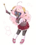  2018 ahoge antenna_hair anthro bent_over black_body black_fur blue_eyes blush bovid caprine clothing curled_horns drumstick_(musical) female fluffy fluffy_hair footwear full-length_portrait fur hair holding_object horn kemono long_hair mammal moa_(show_by_rock!!) pink_hair plaid_skirt portrait sheep shoes short_tail show_by_rock!! simple_background sneakers solo star sweater_vest topwear vest wand white_background yuikawa 