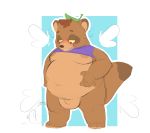  2020 absurd_res anthro balls belly blush brown_body brown_fur canid canine clothing fauvfox fur genitals hi_res humanoid_hands leaf male mammal moobs nipples overweight overweight_male penis raccoon_dog shirt solo tanuki topwear 