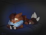  anthro bed brown_body brown_fur brown_hair cellphone detailed_background fluffy fluffy_tail fur furniture genet hair inside long_tail male mammal phone red_eyes siroc siroc_(character) solo viverrid watermark 