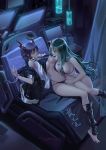  2girls arknights bare_shoulders bikini black_bikini blue_jacket breast_grab breasts ch&#039;en_(arknights) collared_shirt commentary_request cony_(comicsun) cuffs dragon_horns grabbing green_hair handcuffs horns hoshiguma_(arknights) jacket jacket_removed large_breasts long_hair multiple_girls navel oni_horns open_clothes open_shirt red_eyes shin_guards shirt single_horn sitting sleeveless sleeveless_shirt swimsuit thighs 