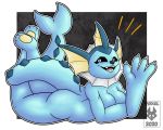  2020 anthro black_sclera blue_body breasts butt canid digital_media_(artwork) eeveelution female gesture hi_res looking_at_viewer lying mammal nintendo nude on_front open_mouth pok&eacute;mon pok&eacute;mon_(species) simple_background smile solo teeth thick_thighs vaporeon video_games voxelcubed watermark waving white_eyes 