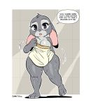  2020 3_toes 4_fingers anthro big_breasts breasts buckteeth dialogue digital_media_(artwork) dipstick_ears disney english_text eyelashes female fingers floppy_ears hand_behind_back hi_res joaoppereiraus judy_hopps lagomorph leporid looking_at_viewer mammal multicolored_ears open_mouth overweight pink_nose rabbit short_stack signature solo speech_bubble talking_to_viewer teeth text thick_thighs toes towel wet zootopia 