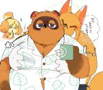  2020 animal_crossing anthro belly blush brown_body brown_fur canid canine canis clothing crazy_redd domestic_dog eyes_closed fox fur grope group hug hugging_from_behind hyaku_(artist) isabelle_(animal_crossing) japanese_text kemono male mammal nintendo overweight overweight_male raccoon_dog shirt simple_background tanuki text tom_nook_(animal_crossing) topwear video_games white_background 
