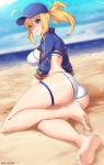  1girl ahoge artoria_pendragon_(all) barefoot baseball_cap beach bikini blonde_hair blue_eyes blue_headwear blue_jacket blue_sky cloud cropped_jacket fate/grand_order fate_(series) hair_between_eyes hair_through_headwear hat highres jacket looking_at_viewer lulu-chan92 mysterious_heroine_xx_(foreigner) ocean ponytail sand shore sitting sky smile soles swimsuit thigh_strap water white_bikini 