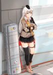  1girl absurdres bangs barrette belt black_gloves black_legwear black_skirt boots breasts brown_footwear brown_jacket crossed_arms eyebrows_visible_through_hair girls_frontline gloves grey_eyes grey_hair hair_ribbon hat highres huge_filesize jacket jewelry long_hair looking_away military military_hat military_uniform ribbon ring shirt silver_hair skirt smile solo svd_(girls_frontline) svd_fun tape thighhighs uniform very_long_hair weapon_case white_shirt 