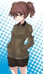  1girl abimaru_gup alisa_(girls_und_panzer) bangs black_shorts blue_background brown_eyes brown_hair brown_jacket closed_mouth commentary cowboy_shot emblem eyebrows_visible_through_hair freckles girls_und_panzer hair_ornament hands_in_pockets highres jacket long_sleeves looking_to_the_side military military_uniform polka_dot polka_dot_background saunders_military_uniform short_hair short_twintails shorts smirk solo standing star_(symbol) star_hair_ornament twintails twitter_username uniform 