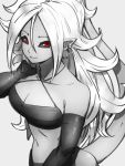  1girl android_21 black_sclera breasts cleavage closed_mouth dragon_ball dragon_ball_fighterz earrings grey_background greyscale hair_between_eyes hoop_earrings jewelry kemachiku long_hair looking_at_viewer majin_android_21 medium_breasts midriff monochrome navel pointy_ears red_eyes simple_background smile solo tail 