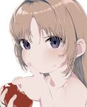  1girl bare_shoulders blush bouen collarbone commentary eating food food_on_face hair_intakes highres holding holding_food light_brown_hair long_hair looking_at_viewer original purple_eyes simple_background solo tomato upper_body white_background 