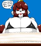  anthro birthday_hat breasts cake canid canine canis dialogue domestic_dog female food hair lipstick makeup mammal poodle solo speeds 