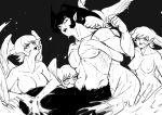  1boy 1other absurdres androgynous angel_wings asuka_ryou breasts devilman fudou_akira head_wings hermaphrodite highres hug hug_from_behind medium_breasts monochrome multiple_others multiple_wings nude satan_(devilman) short_hair sideburns thirty_8ght wings 