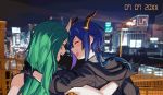  2girls arknights bare_shoulders black_gloves black_jacket blue_hair blush building ch&#039;en_(arknights) cityscape closed_eyes commentary_request dragon_horns gloves green_hair horns hoshiguma_(arknights) jacket lamppost long_hair looking_at_another low_tied_hair multiple_girls night night_sky oni_horns open_mouth railing sky vento 