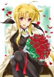  1girl black_legwear coat commentary_request dated fate_testarossa flower highres long_hair looking_at_viewer low_ponytail lyrical_nanoha mahou_shoujo_lyrical_nanoha_strikers military military_uniform pantyhose petals ponytail red_flower rose san-pon sitting smile solo tsab_executive_military_uniform twitter_username uniform white_coat 