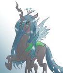  black_body blue_hair equid equine fangs female feral friendship_is_magic green_eyes hair hasbro hi_res horn horse mammal my_little_pony nipples open_mouth open_smile pony queen_chrysalis_(mlp) simple_background smile solo tongue vipery-07 wings 