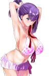  1girl absurdres armpits arms_behind_head arms_up bangs bikini breasts cleavage commentary_request eyebrows_visible_through_hair hair_between_eyes high_ponytail highres huge_breasts in_mouth microskirt original polka_dot polka_dot_bikini ponytail purple_eyes purple_skirt red_ribbon ribbon skirt sweat swimsuit thighs tsukamori_shuuji tying_hair 