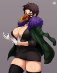 1girl adjusting_clothes adjusting_gloves black_shirt black_skirt boku_no_hero_academia breasts brown_hair buttons chisaki_kai cleavage feather_trim genderswap genderswap_(mtf) gloves green_jacket highres jacket jmg large_breasts looking_at_viewer mask necktie open_clothes open_shirt plague_doctor_mask shirt short_hair skirt stern thighhighs thighs unbuttoned white_gloves white_neckwear yellow_eyes 