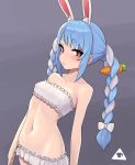  1girl animal_ears bandeau bangs bikini blue_hair braid bunny_ears bunny_girl carrot_hair_ornament donburikazoku eyebrows_visible_through_hair food_themed_hair_ornament frilled_bikini frills hair_ornament heart heart-shaped_pupils highres hololive long_hair looking_at_viewer multicolored_hair navel short_eyebrows solo stomach swimsuit symbol-shaped_pupils twin_braids two-tone_hair usada_pekora virtual_youtuber white_bikini white_hair 