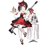  1girl :d alternate_costume bangs black_hair blush bow bunny cake dress eyebrows_visible_through_hair fang food fork full_body fur_jacket girls_frontline glitter gun hair_bow hair_ribbon head_tilt high_heels holding holding_fork holding_plate looking_at_viewer m99_(girls_frontline) object_namesake official_art open_mouth pantyhose plate purple_eyes red_bow red_dress red_footwear red_ribbon ribbon rifle saru short_hair shrug_(clothing) sidelocks smile sniper_rifle solo standing table thigh_strap transparent_background weapon weapon_on_back white_legwear zijiang_m99 
