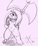  2020 asura axe bandage cute_fangs facial_markings female genitals guild_wars hair hair_over_eye head_markings hi_res humanoid markings melee_weapon omegax one_eye_obstructed pussy scarf signature simple_background sketch solo video_games weapon wurmkiller_naarie 
