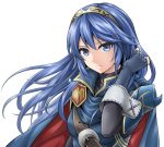  belt blue_cape blue_eyes blue_hair blue_shirt cape commentary fingerless_gloves fire_emblem fire_emblem_awakening gloves long_hair looking_at_viewer lucina_(fire_emblem) shirt tenchan_man tiara 