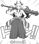  &gt;:) 1girl afrobull artist_name bare_arms bare_shoulders breasts chain cleavage club cuffs earrings emphasis_lines fingernails full_body geta greyscale hakama hand_on_hip highres hip_vent holding holding_weapon horns huge_weapon japanese_clothes jewelry kanabou long_hair looking_at_viewer monochrome multicolored_hair one_piece oni over_shoulder ring rope shackles shimenawa sidelocks smile solo standing toenails toes v-shaped_eyebrows weapon weapon_over_shoulder yamato_(one_piece) 