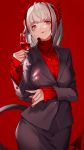  1girl absurdres ahoge alcohol alternate_costume arknights bangs bankongping black_jacket black_skirt blazer breasts cowboy_shot cup drinking_glass hand_up head_tilt highres holding holding_cup horns jacket lipstick long_sleeves looking_at_viewer makeup medium_breasts red_background red_eyes red_lipstick red_sweater short_hair silver_hair simple_background skirt smile solo sweater tail turtleneck turtleneck_sweater w_(arknights) wine wine_glass 