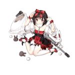  1girl arms_up bangs bare_shoulders blush bow brown_hair bunny damaged detached_sleeves dress full_body girls_frontline gun hair_bow hair_ornament high_heels long_sleeves looking_at_viewer m99_(girls_frontline) official_art open_mouth pantyhose purple_eyes red_bow red_footwear rifle saru shoes short_hair sitting sniper_rifle solo tears thigh_strap torn_clothes torn_dress torn_legwear torn_sleeves transparent_background weapon white_legwear zijiang_m99 