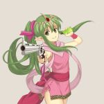  1girl absurdres aiming_at_viewer beige_background dakkalot electronic_cigarette english_commentary fire_emblem fire_emblem:_mystery_of_the_emblem fire_emblem_heroes green_eyes green_hair gun handgun highres holding holding_gun holding_weapon manakete pointy_ears ponytail revolver sidelocks solo tiki_(fire_emblem) weapon 