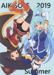  2girls absurdres aqua_(konosuba) ass asymmetrical_legwear bandaged_leg bandages bangs bare_shoulders black_cape black_legwear blue_eyes blue_hair breasts brown_hair cape choker cover detached_sleeves eyebrows_visible_through_hair from_behind hair_between_eyes hair_ornament hair_rings hat highres kono_subarashii_sekai_ni_shukufuku_wo! long_hair looking_at_viewer looking_back medium_breasts megumin multiple_girls open_mouth panties pantyshot red_eyes scan smile thighhighs underwear white_legwear witch_hat yamamoto_shuuhei 