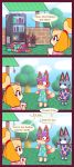  animal_crossing audie_(animal_crossing) burning canid canine canis clothed clothing comic cutlery dialogue domestic_cat domestic_dog english_text eyewear eyewear_on_head fangs felid feline felis female fork hi_res humor isabelle_(animal_crossing) kitchen_utensils lolly_(animal_crossing) mammal nintendo outside r-mk speech_bubble sunglasses sunglasses_on_head text tools video_games watering watering_can wolf 