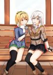  2girls absurdres barrette belt bench black_gloves black_legwear black_skirt blonde_hair blue_jacket boots breasts brown_footwear brown_gloves brown_jacket cellphone girls_frontline gloves green_shorts grey_eyes grey_hair hair_ribbon hairband highres huge_filesize jacket long_hair military military_uniform multiple_girls phone ponytail red_eyes ribbon scarf shirt shorts silver_hair single_thighhigh sitting sitting_on_bench skirt smartphone socks sv-98_(girls_frontline) svd_(girls_frontline) svd_fun thighhighs uniform white_shirt 