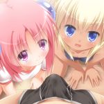  2girls :d arm_support bangs bare_arms bare_shoulders blonde_hair blue_eyes blue_swimsuit blush breasts character_request closed_mouth collarbone commentary_request copyright_request crossed_bangs dot_nose erection erection_under_clothes eyebrows_visible_through_hair eyes_visible_through_hair fang from_above hair_ornament hair_over_eyes hands_on_floor kanna_hisashi looking_at_viewer multiple_girls on_floor one_knee open_mouth parted_bangs pink_eyes pink_hair pov precum ringer_t-shirt school_swimsuit shiny shiny_hair shirt short_hair short_sleeves sidelocks skin_fang sleeveless small_breasts smile swimsuit tan tile_floor tiles upturned_eyes white_shirt 