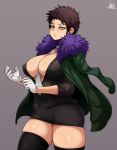  1girl adjusting_clothes adjusting_gloves black_shirt black_skirt boku_no_hero_academia breasts brown_hair buttons chisaki_kai cleavage feather_trim genderswap genderswap_(mtf) gloves green_jacket highres jacket jmg large_breasts looking_at_viewer mask necktie open_clothes open_shirt shirt short_hair skirt stern thighhighs thighs unbuttoned white_gloves white_neckwear yellow_eyes 