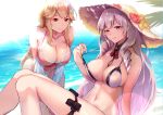  2girls algerie_(azur_lane) algerie_(white_sand_angel)_(azur_lane) azur_lane bangs bare_shoulders bikini blonde_hair breasts cleavage collarbone commentary_request covered_nipples detached_collar drill_hair drill_locks eyebrows_visible_through_hair flower frilled_swimsuit frills groin hair_between_eyes hat hat_flower highleg highleg_swimsuit highres holster large_breasts leaning_forward lens_flare long_hair looking_at_viewer midriff mole mole_on_breast mole_under_eye multi-strapped_bikini multiple_girls multiple_straps navel neck_ribbon ocean one-piece_swimsuit parted_lips pink_eyes pink_swimsuit purple_eyes red_eyes red_neckwear ribbon richelieu_(azur_lane) richelieu_(flagship_in_the_sea_breeze)_(azur_lane) sidelocks silver_hair sitting smile standing strap_pull straw_hat sun_hat sunlight suzuya_(maru) swimsuit thigh_holster two-tone_bikini two-tone_coat white_bikini 