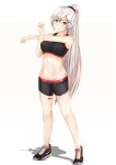  1girl absurdres barcode_tattoo bare_legs barrette black_shorts black_sports_bra breasts eyebrows_visible_through_hair girls_frontline grey_eyes grey_hair hair_ribbon hand_up highres jewelry long_hair looking_at_viewer medium_breasts navel ponytail ribbon ring shoes short_shorts shorts silver_hair smile sneakers solo sports_bra sportswear stomach svd_(girls_frontline) svd_fun tattoo very_long_hair white_background 