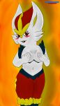  2020 5_fingers anthro bedroom_eyes blush breasts cinderace covering covering_breasts featureless_crotch female fingers hi_res lagomorph looking_at_viewer mammal narrowed_eyes nintendo open_mouth orange_background pok&eacute;mon pok&eacute;mon_(species) red_eyes seductive shinesparked simple_background smile solo video_games white_body 