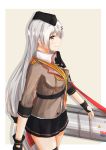  1girl absurdres barrette belt black_gloves black_skirt breasts brown_background brown_jacket girls_frontline gloves grey_eyes grey_hair hat highres huge_filesize jacket long_hair looking_at_viewer military military_hat military_uniform profile shirt silver_hair skirt smile solo svd_(girls_frontline) svd_fun tape uniform weapon_case white_hair white_shirt 