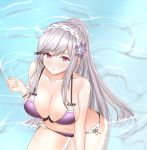  1girl absurdres azur_lane bikini blue_butterfly braid breasts butterfly_hair_ornament crown_braid dunkerque_(azur_lane) dunkerque_(summer_sucre)_(azur_lane) front-tie_bikini front-tie_top grey_hair hair_ornament highres huge_filesize large_breasts long_hair looking_at_viewer ponytail purple_bikini purple_eyes silver_hair sitting solo swimsuit water woon 