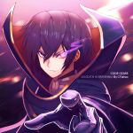  1boy artist_name black_hair cape character_name close-up code_geass commentary copyright_name ctiahao geass glowing glowing_eye lelouch_lamperouge looking_at_viewer pointing pointing_at_viewer purple_eyes short_hair solo 