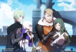  2boys 2girls armor artist_name baby beard black_gloves blue_sky brown_hair byleth_(fire_emblem) byleth_(fire_emblem)_(male) closed_mouth cloud dannex009 day dress facial_hair father_and_son fire_emblem fire_emblem:_three_houses from_side gloves green_eyes green_hair hair_ornament highres husband_and_wife if_they_mated jeralt_reus_eisner long_hair long_sleeves lysithea_von_ordelia mother_and_son multiple_boys multiple_girls open_mouth outdoors short_hair sitri_(fire_emblem) sky smile watermark web_address white_hair 