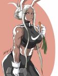  2020 animal_humanoid bottomwear breasts brown_body brown_skin carrot clothed clothing dumbbell female food gloves grey_hair hair hair_bun handwear hi_res humanoid lagomorph lagomorph_humanoid leporid_humanoid mammal mammal_humanoid miruko muscular muscular_female my_hero_academia nike pants plant rabbit_humanoid shibusun shirt tank_top topwear vegetable weights 