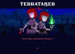  breasts duo english_text eyelashes female fire green_eyes hair helltaker humanoid interlocked_arms limehazard looking_at_viewer machine not_furry red_eyes red_hair robot terraria text the_twins_(terraria) 