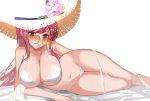  1girl azur_lane bare_shoulders bikini breasts cleavage collarbone hat highres large_breasts long_hair looking_at_viewer lying misonikomi navel on_side pink_hair simple_background solo straw_hat sun_hat sunglasses surcouf_(azur_lane) swimsuit tagme white_background 