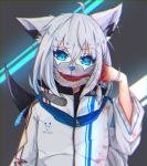  1girl absurdres ahoge animal_ear_fluff animal_ears aqua_eyes blood blood_on_face blood_splatter blood_stain bloody_hands cuts fox_ears fox_girl fox_tail highres hololive injury jacket long_hair looking_at_viewer mask mouth_mask shirakami_fubuki solo tail temari_maco virtual_youtuber white_hair 