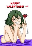  1girl black_eyes blush boku_no_hero_academia breasts collarbone english_commentary english_text green_hair grin happy_valentine heart highres lying nude on_stomach pointing pointing_up sharp_teeth sideboob smile solo sudoname teeth tokage_setsuna twitter_username under_covers white_background 