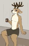  andythedeer anthro antlers belly beverage brown_body brown_fur cervid coffee coffee_mug fur hi_res horn male mammal purple_eyes sitting smile solo spots white_belly white_spots 