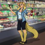 1:1 2020 bird_dog blacksheeptfs blonde_hair blue_eyes bottle breasts canid canine canis domestic_dog eyewear female fur glasses golden_retriever grocery_store hair hi_res hunting_dog inside mammal pawpads photo_background retriever solo standing surprise transformation 