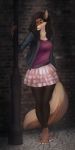  anthro black_hair blue_eyes bottomwear brick_wall brown_body brown_fur canid canine canis clothed clothing cobbled_stone female fur hair hi_res jacket kristiana_puff leather leather_jacket mammal morvern skirt solo street street_lamp topwear wolf 