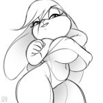  1:1 anthro big_breasts breasts clothed clothing female lagomorph leporid mammal monochrome nipple_outline pose rabbit solo under_boob wide-hips xylas 