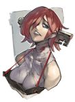  1girl a.b.a bandages bare_shoulders blood breasts commentary green_eyes guilty_gear hair_over_one_eye highres key large_breasts looking_at_viewer pale_skin red_hair sharp_teeth short_hair solo teeth upper_body zako_(arvinry) 